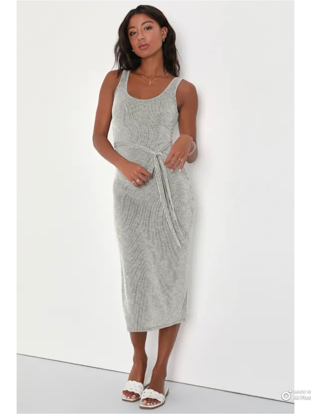 Lulus Medium Summer Perfection Olive And Ivory Striped Ribbed Midi Dress NWT